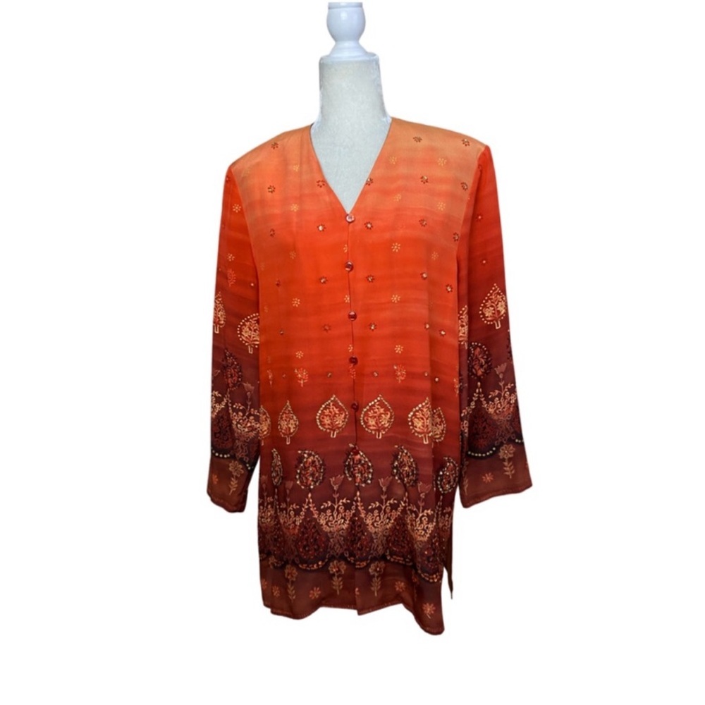 Vintage Diane Gilman Orange & Rust Sequin Button Front Tunic Top Size Medium - Picture 2 of 8